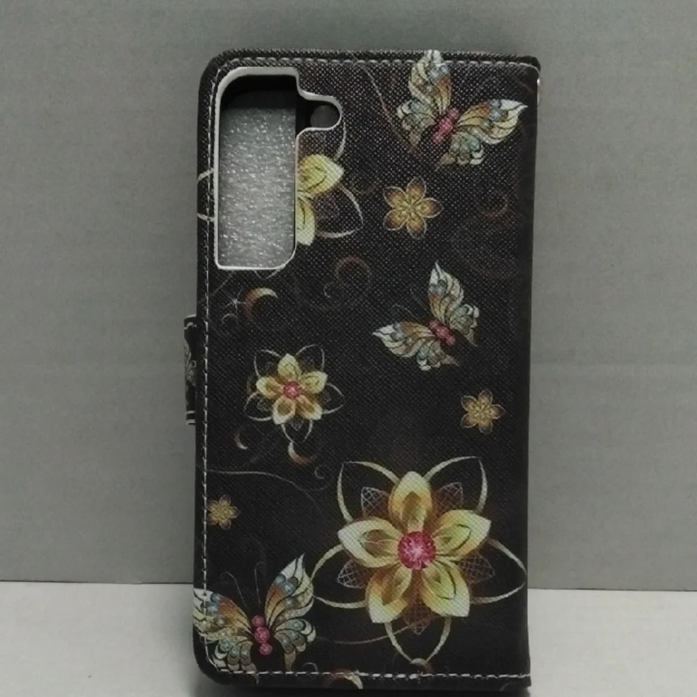 Samsung Galaxy S22 Black and Gold Floral Butterfly Case‎ W/Strap And Card Slots.